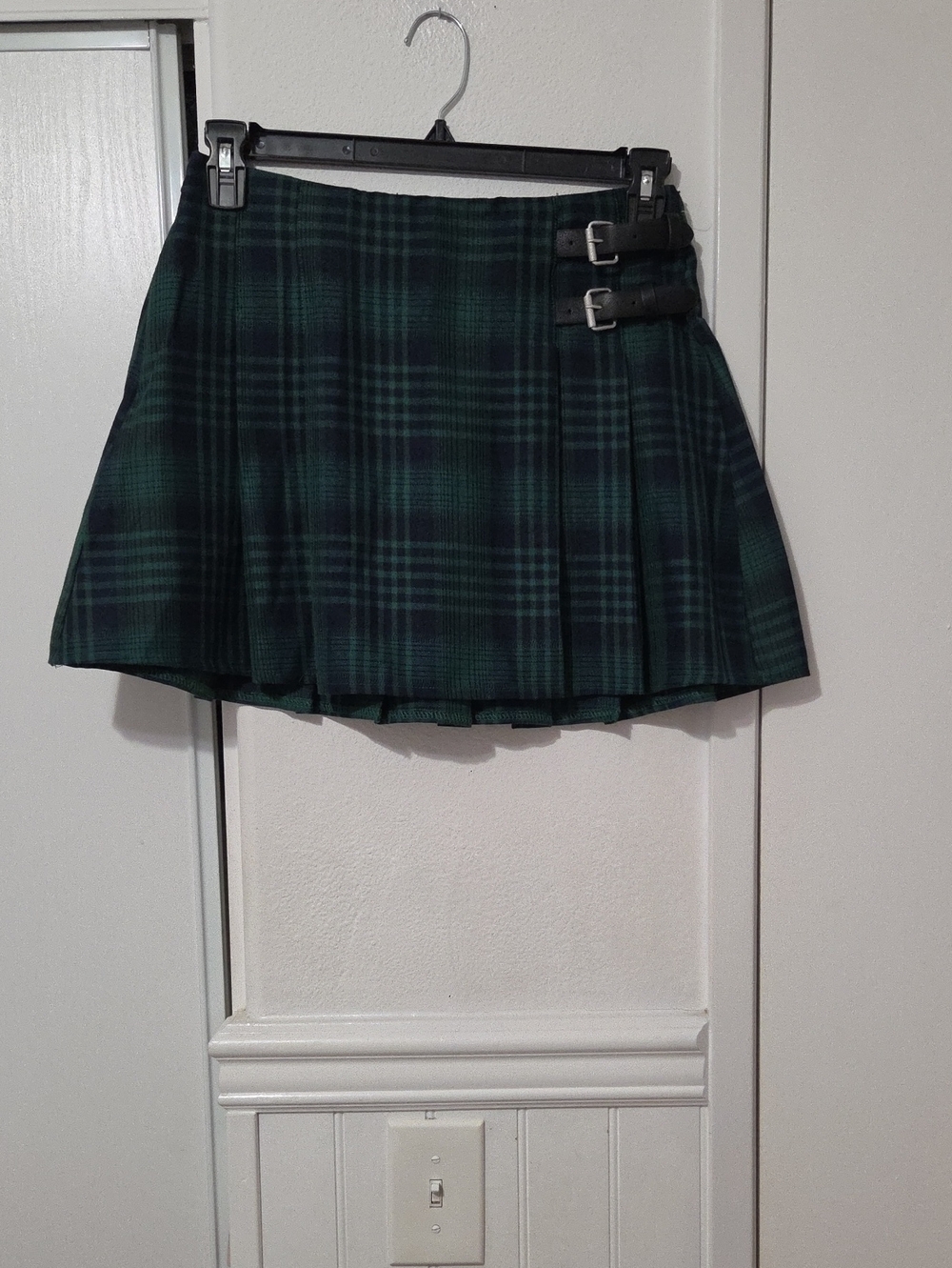 RSQ Dark Green Plaid Pleated Mini Skirt with Buckle Straps